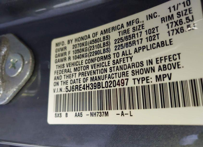 Photo 9 of 2011 Honda Cr-v LX (VIN 5J6RE4H39BL020497)