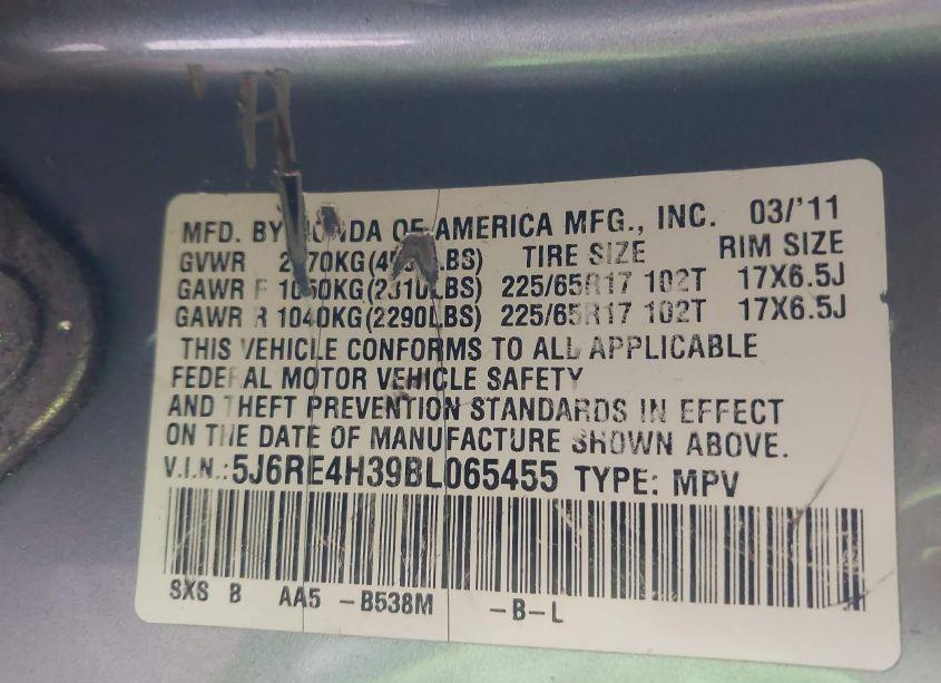 Photo 9 of 2011 Honda Cr-v LX (VIN 5J6RE4H39BL065455)