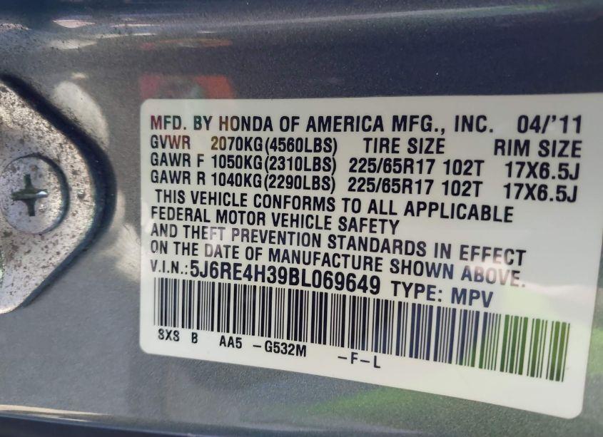 Photo 9 of 2011 Honda Cr-v LX (VIN 5J6RE4H39BL069649)