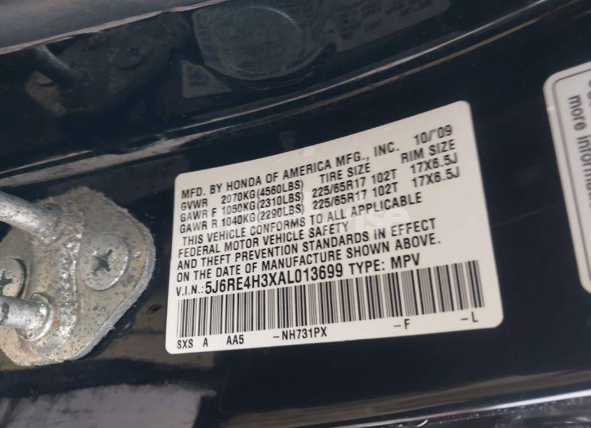 Photo 9 of 2010 Honda Cr-v LX (VIN 5J6RE4H3XAL013699)