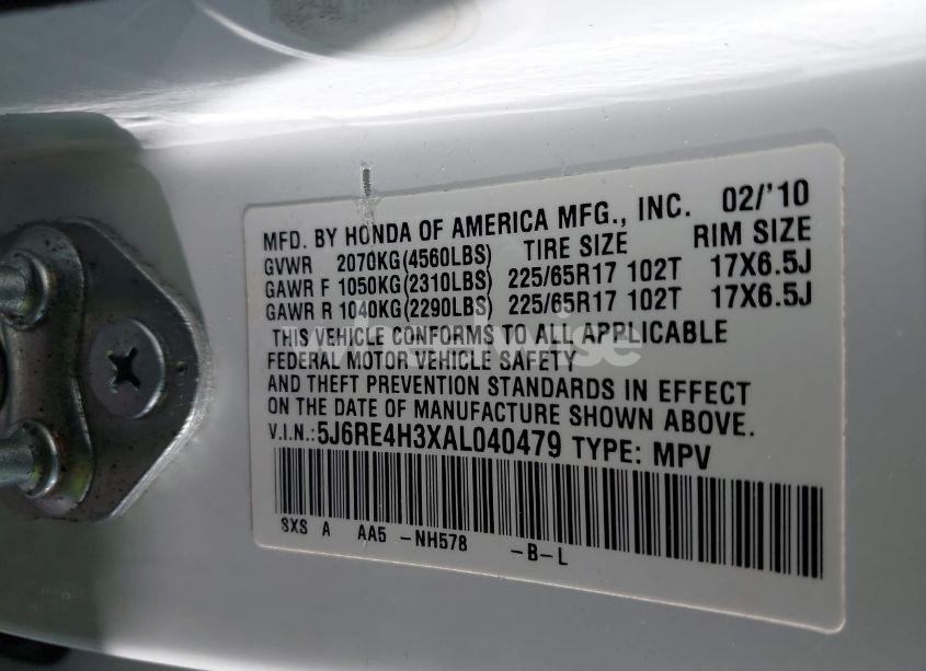 Photo 9 of 2010 Honda Cr-v LX (VIN 5J6RE4H3XAL040479)