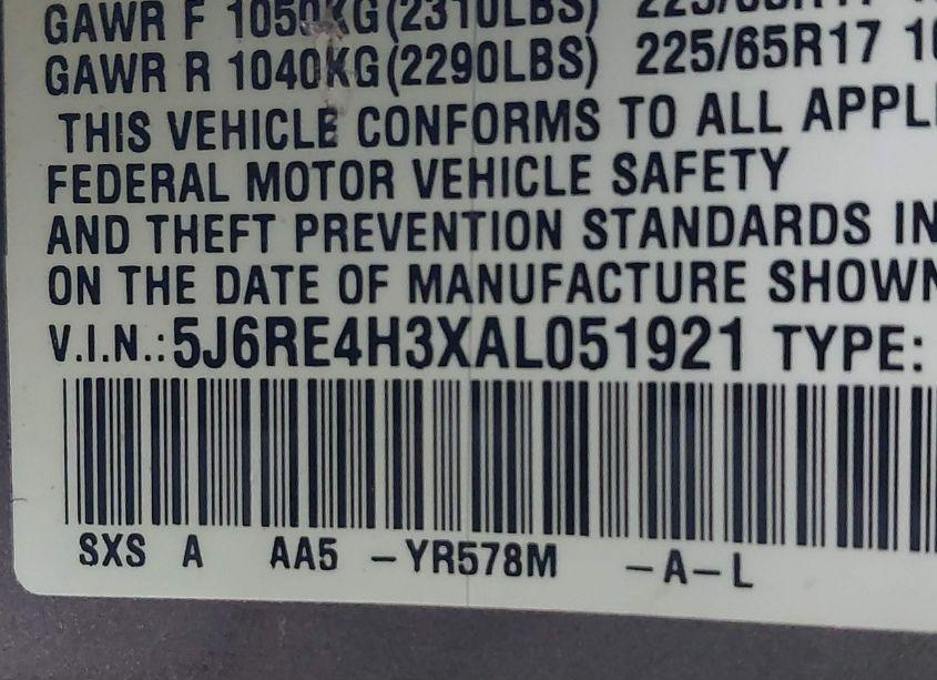 Photo 9 of 2010 Honda Cr-v LX (VIN 5J6RE4H3XAL051921)