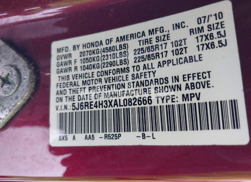 Photo 9 of 2010 Honda Cr-v LX (VIN 5J6RE4H3XAL082666)