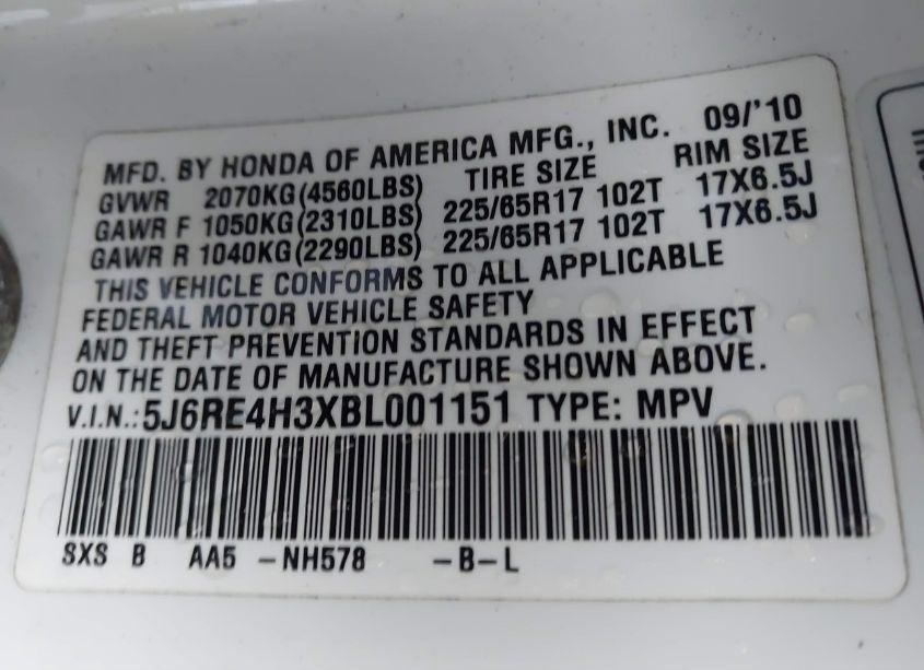 Photo 9 of 2011 Honda Cr-v LX (VIN 5J6RE4H3XBL001151)