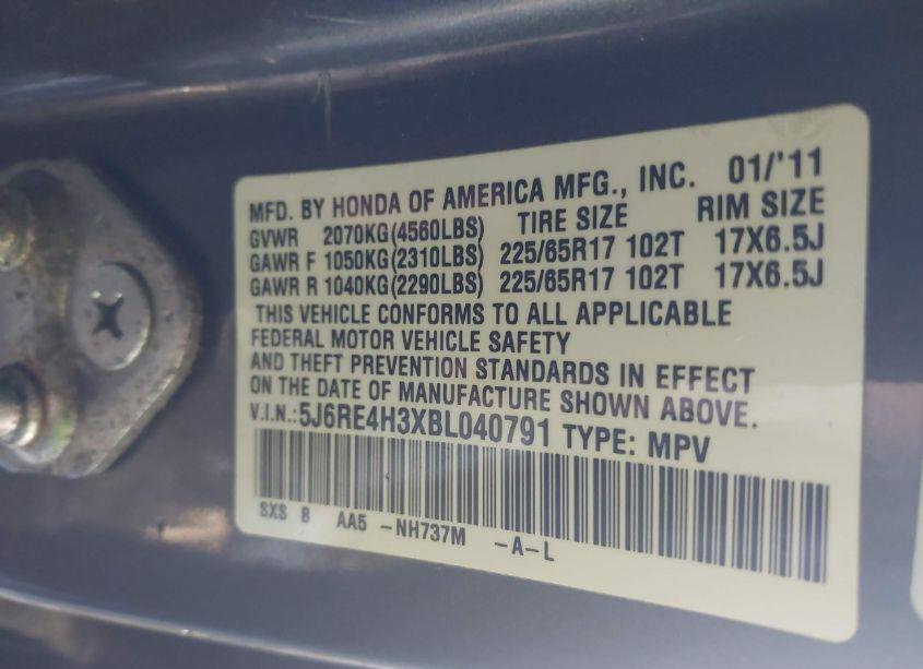 Photo 9 of 2011 Honda Cr-v LX (VIN 5J6RE4H3XBL040791)