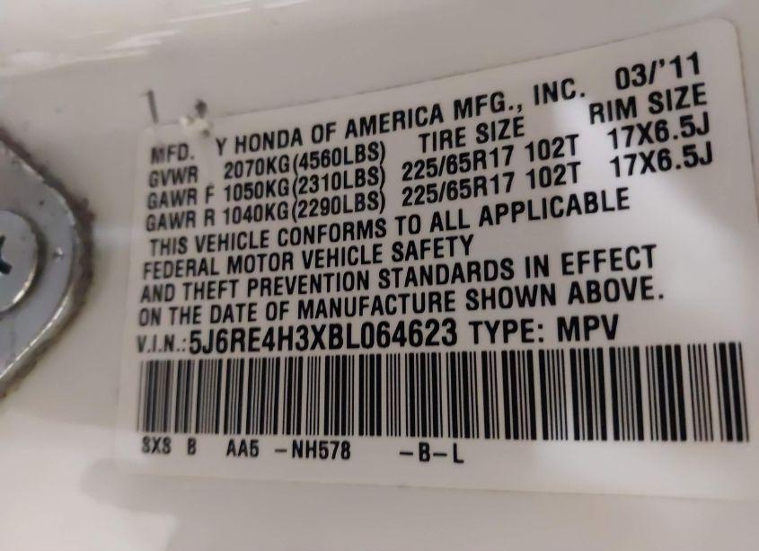 Photo 9 of 2011 Honda Cr-v LX (VIN 5J6RE4H3XBL064623)