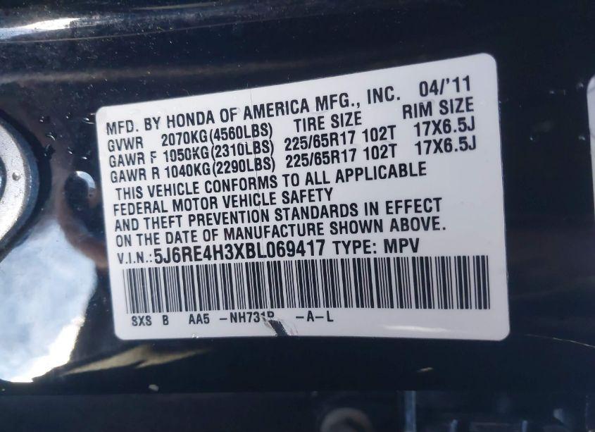 Photo 9 of 2011 Honda Cr-v LX (VIN 5J6RE4H3XBL069417)