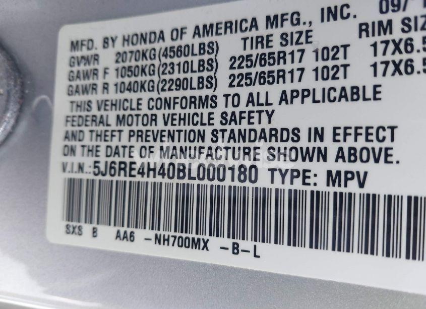 Photo 9 of 2011 Honda Cr-v SE (VIN 5J6RE4H40BL000180)