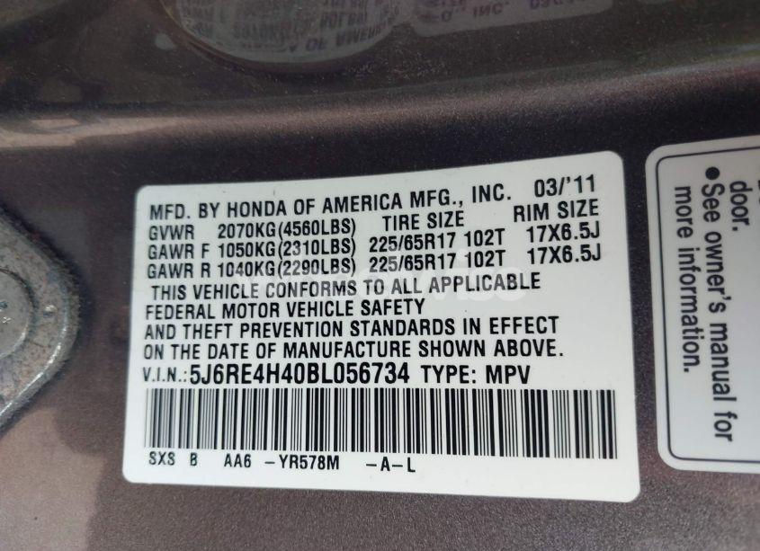 Photo 9 of 2011 Honda Cr-v SE (VIN 5J6RE4H40BL056734)