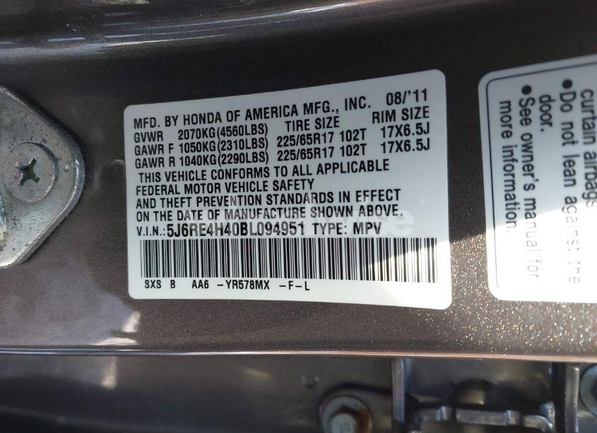 Photo 9 of 2011 Honda Cr-v SE (VIN 5J6RE4H40BL094951)