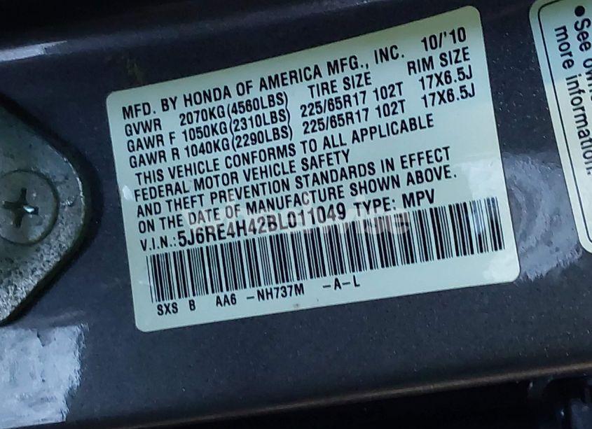 Photo 9 of 2011 Honda Cr-v SE (VIN 5J6RE4H42BL011049)