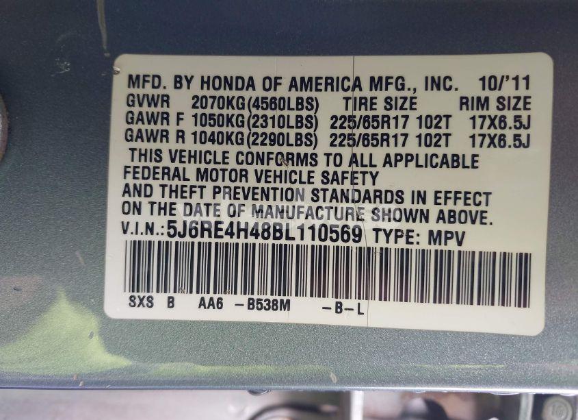 Photo 9 of 2011 Honda Cr-v SE (VIN 5J6RE4H48BL110569)