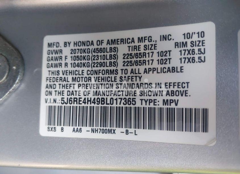 Photo 9 of 2011 Honda Cr-v SE (VIN 5J6RE4H49BL017365)