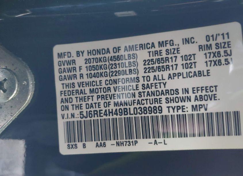 Photo 9 of 2011 Honda Cr-v SE (VIN 5J6RE4H49BL038989)