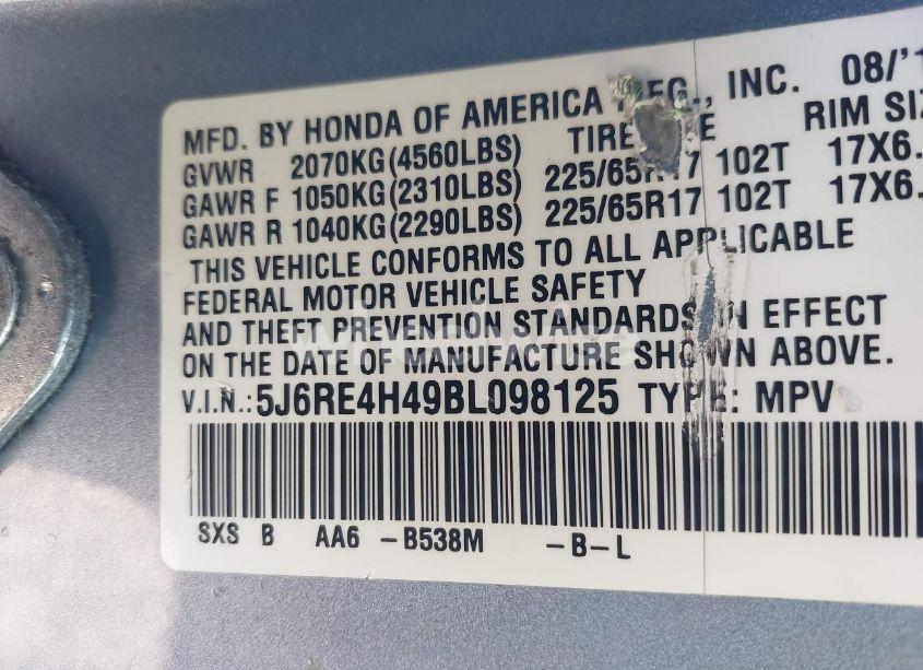 Photo 9 of 2011 Honda Cr-v SE (VIN 5J6RE4H49BL098125)