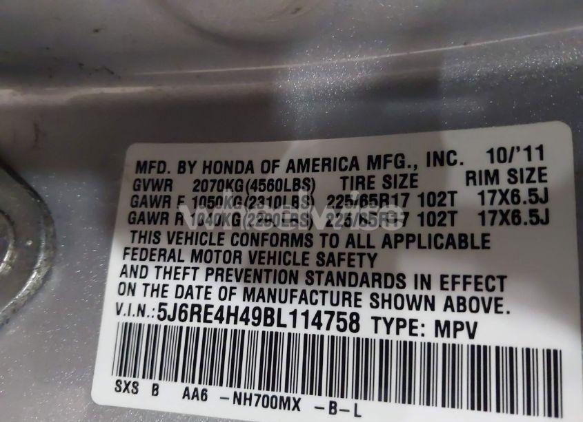 Photo 9 of 2011 Honda Cr-v SE (VIN 5J6RE4H49BL114758)