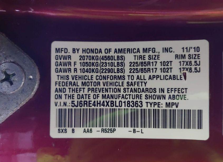 Photo 9 of 2011 Honda Cr-v SE (VIN 5J6RE4H4XBL018363)