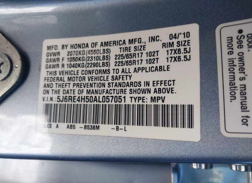 Photo 9 of 2010 Honda Cr-v EX (VIN 5J6RE4H50AL057051)