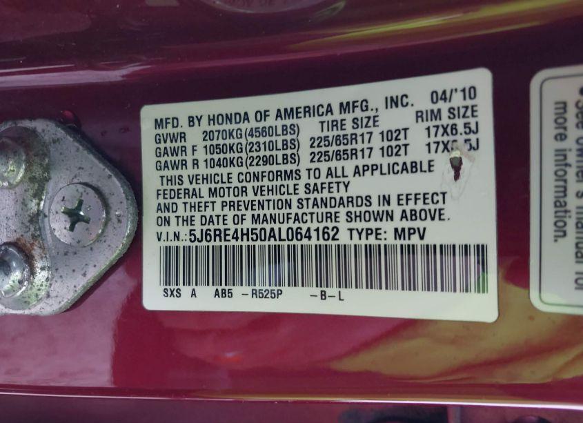 Photo 9 of 2010 Honda Cr-v EX (VIN 5J6RE4H50AL064162)