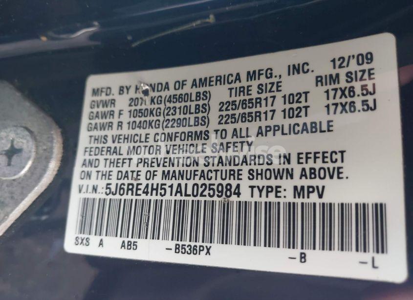 Photo 9 of 2010 Honda Cr-v EX (VIN 5J6RE4H51AL025984)