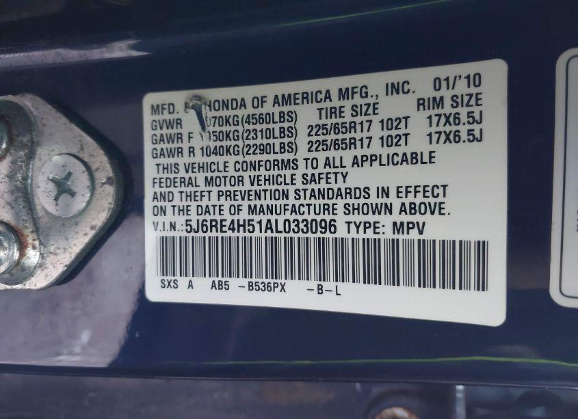 Photo 9 of 2010 Honda Cr-v EX (VIN 5J6RE4H51AL033096)