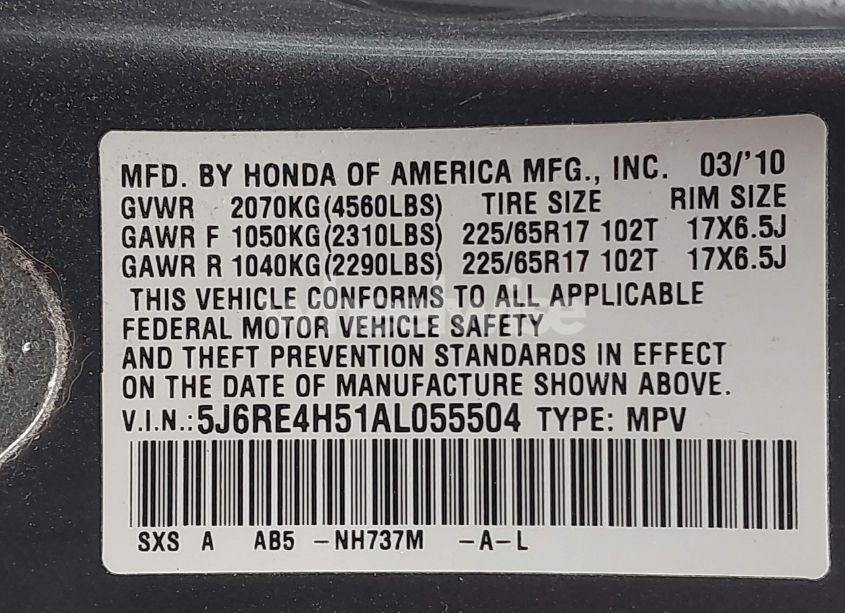 Photo 9 of 2010 Honda Cr-v EX (VIN 5J6RE4H51AL055504)