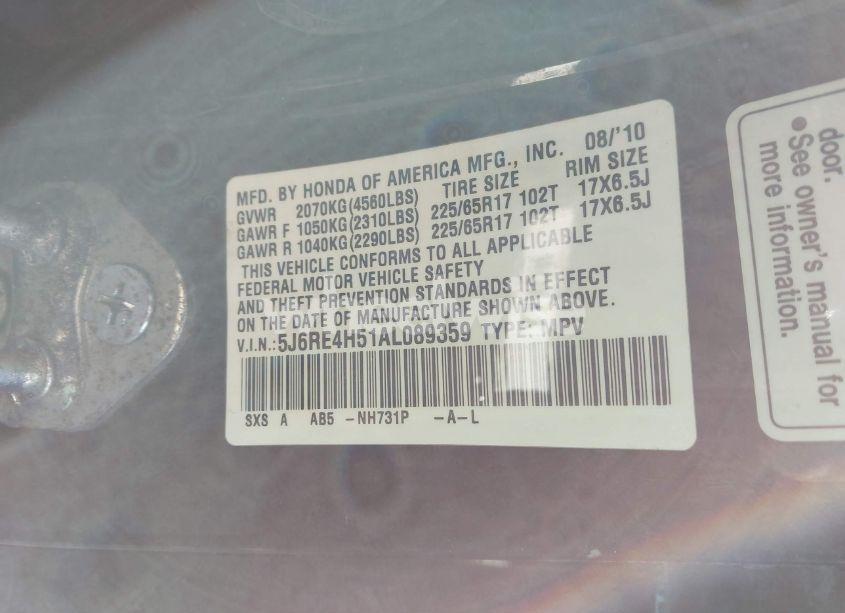 Photo 9 of 2010 Honda Cr-v EX (VIN 5J6RE4H51AL089359)