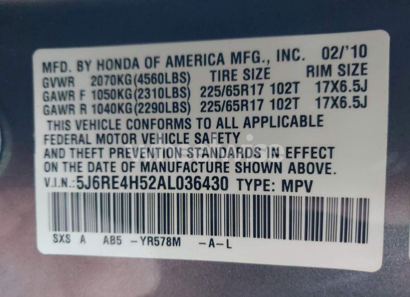 Photo 9 of 2010 Honda Cr-v EX (VIN 5J6RE4H52AL036430)