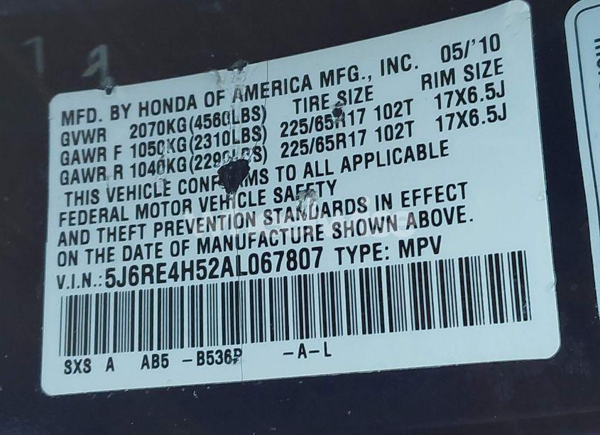 Photo 9 of 2010 Honda Cr-v EX (VIN 5J6RE4H52AL067807)