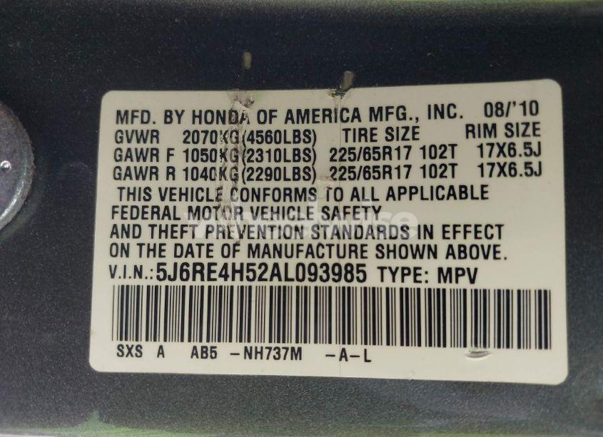 Photo 9 of 2010 Honda Cr-v EX (VIN 5J6RE4H52AL093985)