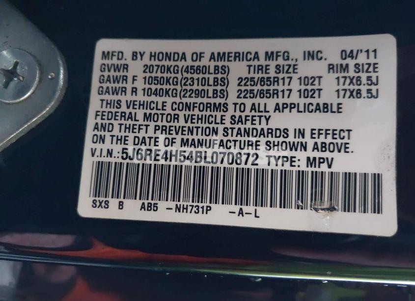 Photo 9 of 2011 Honda Cr-v EX (VIN 5J6RE4H54BL070872)