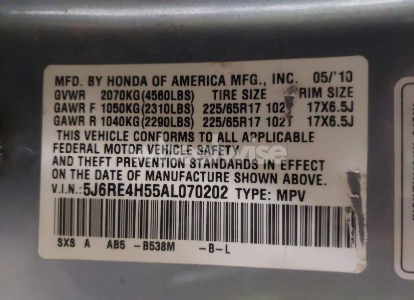 Photo 9 of 2010 Honda Cr-v EX (VIN 5J6RE4H55AL070202)