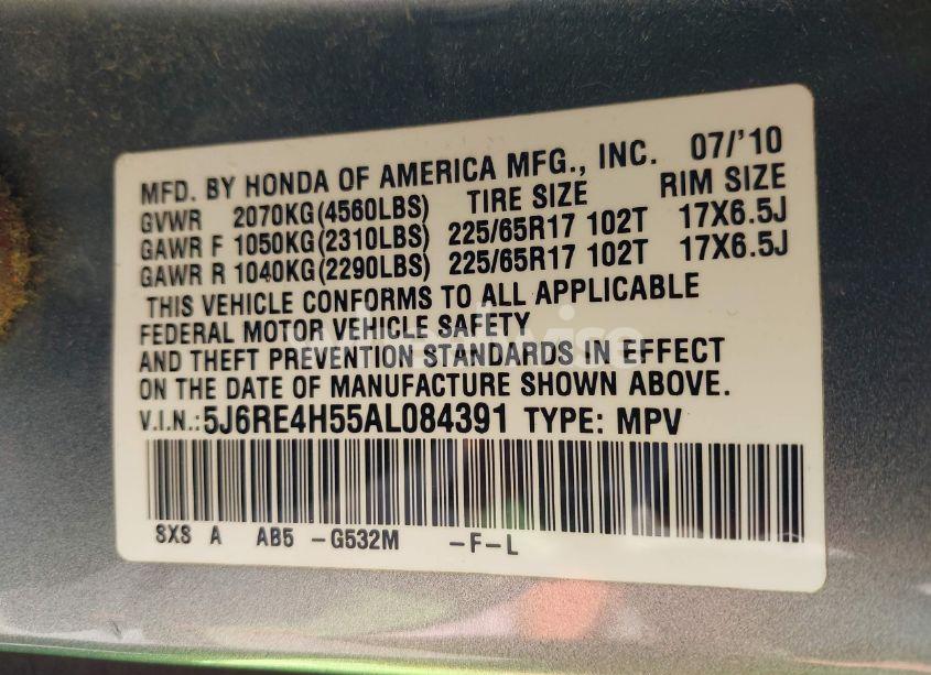 Photo 9 of 2010 Honda Cr-v EX (VIN 5J6RE4H55AL084391)