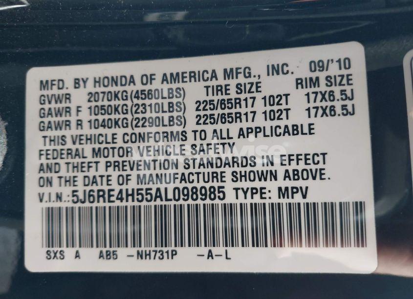 Photo 9 of 2010 Honda Cr-v EX (VIN 5J6RE4H55AL098985)