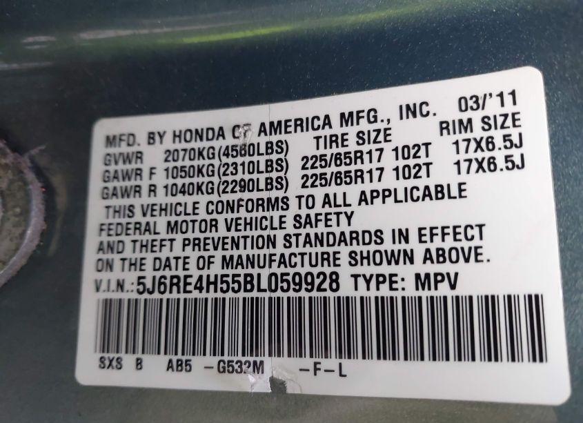 Photo 9 of 2011 Honda Cr-v EX (VIN 5J6RE4H55BL059928)