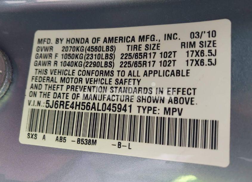 Photo 9 of 2010 Honda Cr-v EX (VIN 5J6RE4H56AL045941)