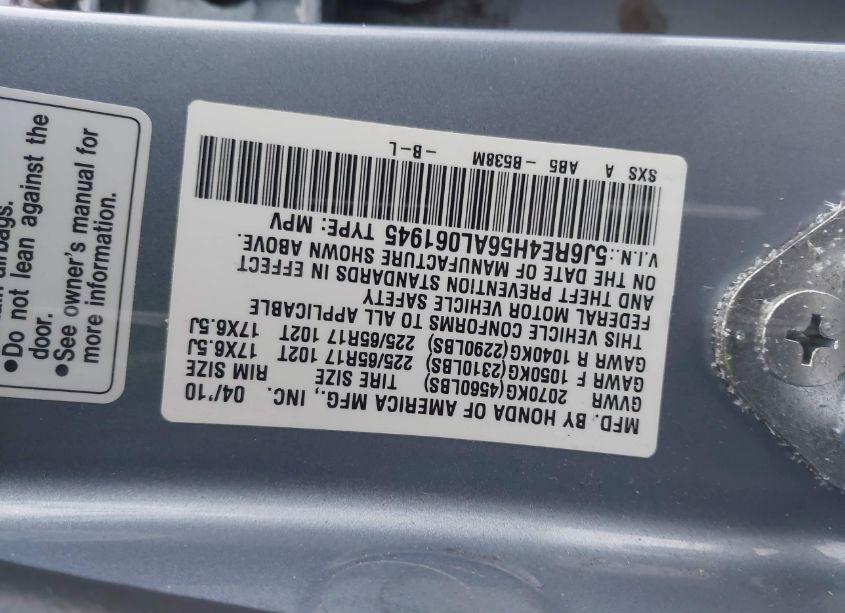 Photo 9 of 2010 Honda Cr-v EX (VIN 5J6RE4H56AL061945)