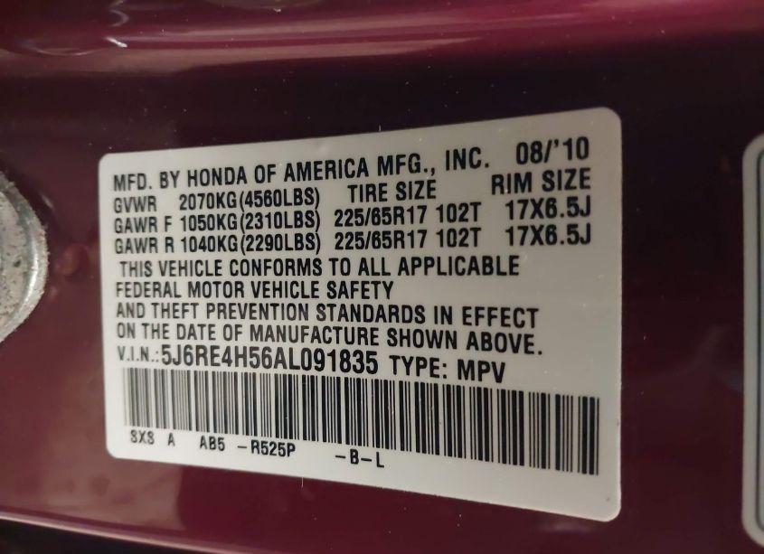 Photo 9 of 2010 Honda Cr-v EX (VIN 5J6RE4H56AL091835)