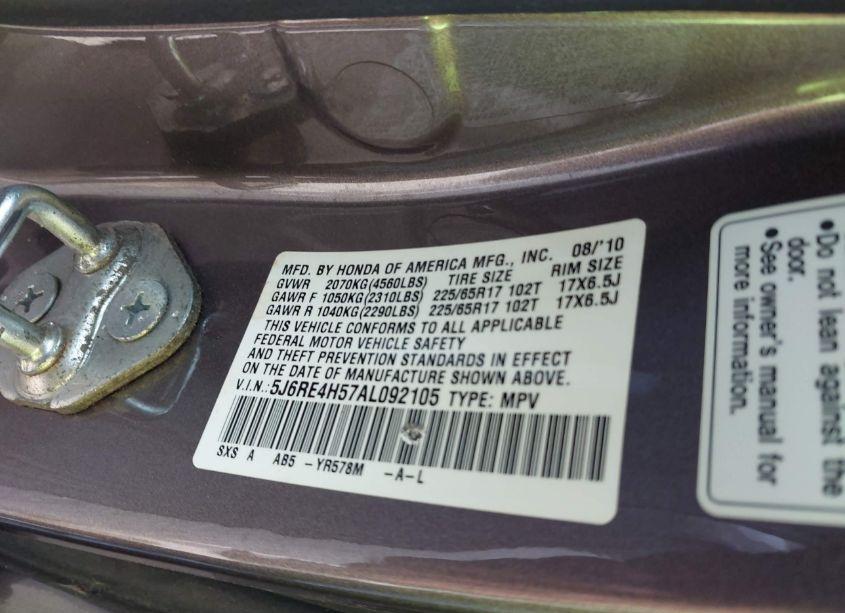 Photo 9 of 2010 Honda Cr-v EX (VIN 5J6RE4H57AL092105)