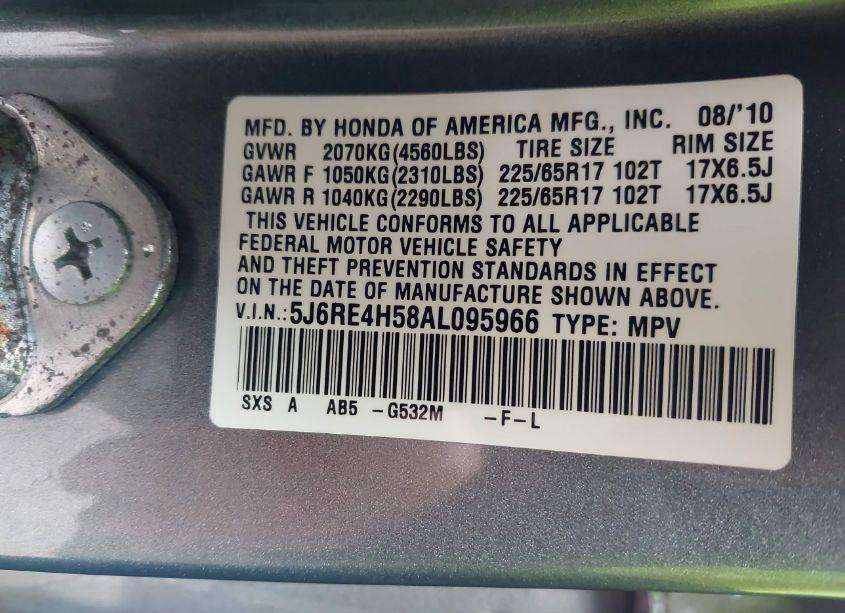 Photo 9 of 2010 Honda Cr-v EX (VIN 5J6RE4H58AL095966)