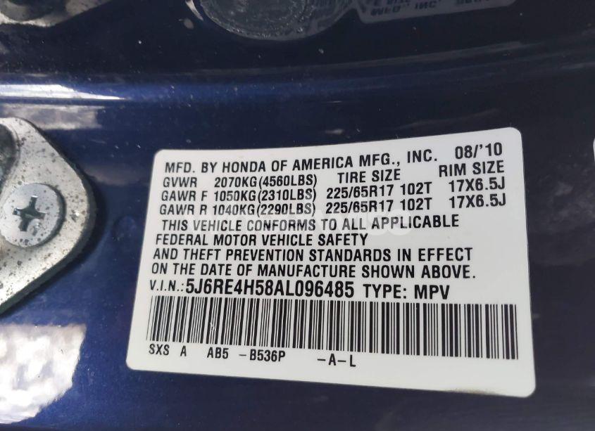 Photo 9 of 2010 Honda Cr-v EX (VIN 5J6RE4H58AL096485)