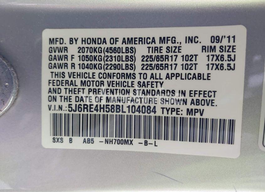 Photo 9 of 2011 Honda Cr-v EX (VIN 5J6RE4H58BL104084)