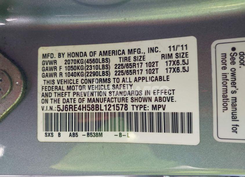 Photo 9 of 2011 Honda Cr-v EX (VIN 5J6RE4H58BL121578)