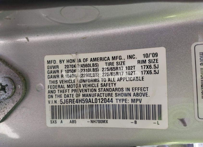 Photo 9 of 2010 Honda Cr-v EX (VIN 5J6RE4H59AL012044)