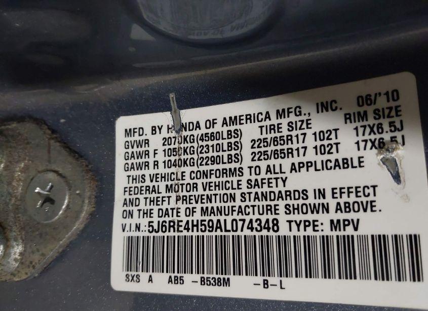 Photo 9 of 2010 Honda Cr-v EX (VIN 5J6RE4H59AL074348)