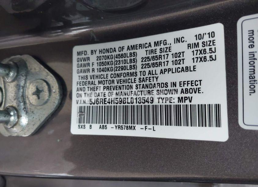 Photo 9 of 2011 Honda Cr-v EX (VIN 5J6RE4H59BL013549)