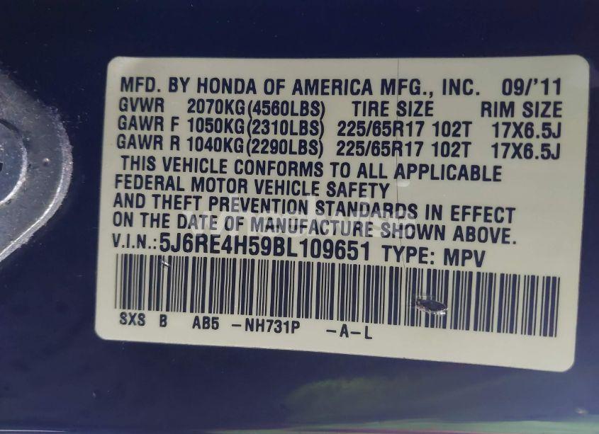 Photo 9 of 2011 Honda Cr-v EX (VIN 5J6RE4H59BL109651)