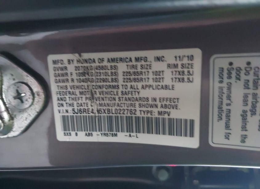 Photo 9 of 2011 Honda Cr-v EX (VIN 5J6RE4H5XBL022762)