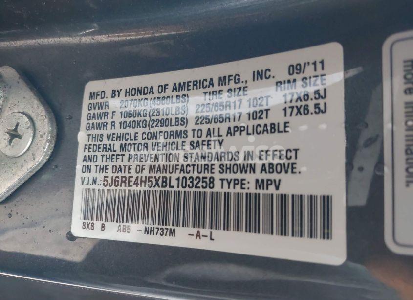 Photo 9 of 2011 Honda Cr-v EX (VIN 5J6RE4H5XBL103258)