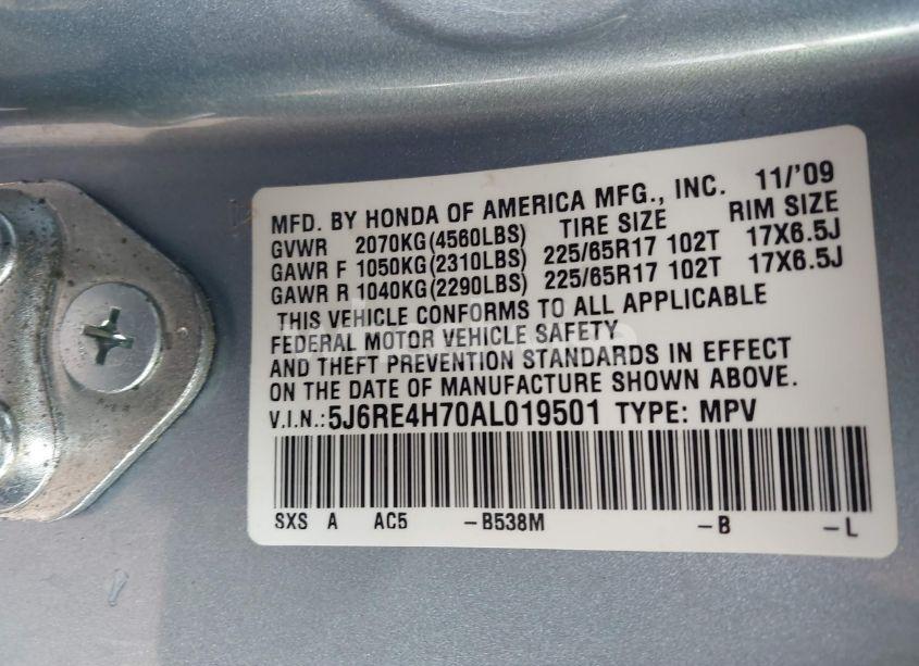 Photo 9 of 2010 Honda Cr-v EX-L (VIN 5J6RE4H70AL019501)